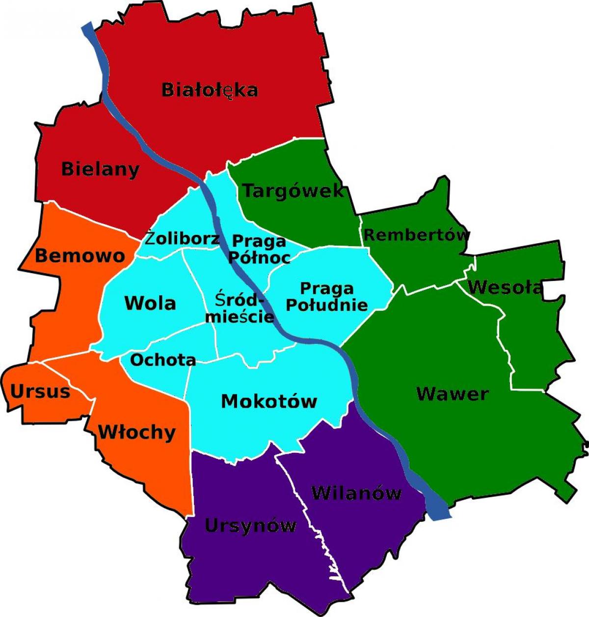 Mapa Varšava okresů 