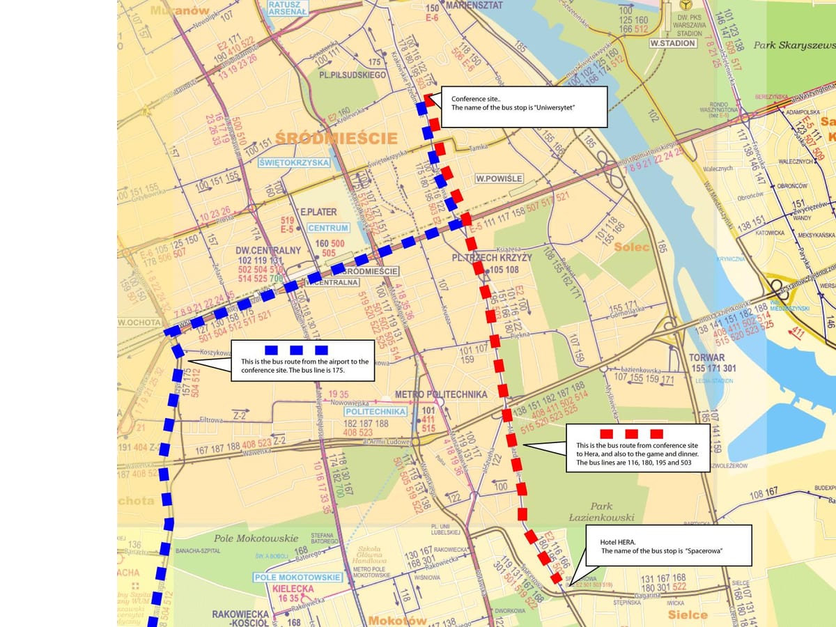 Mapa Varšavy autobusem 175 trasy 