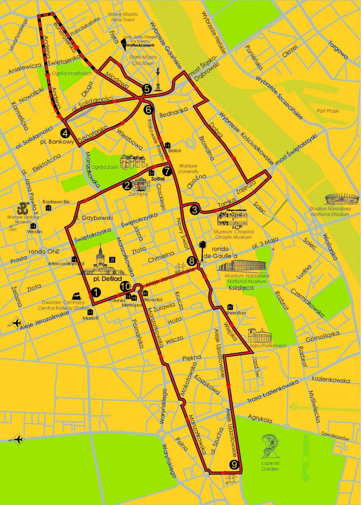 Mapa Varšava hop on hop off bus 