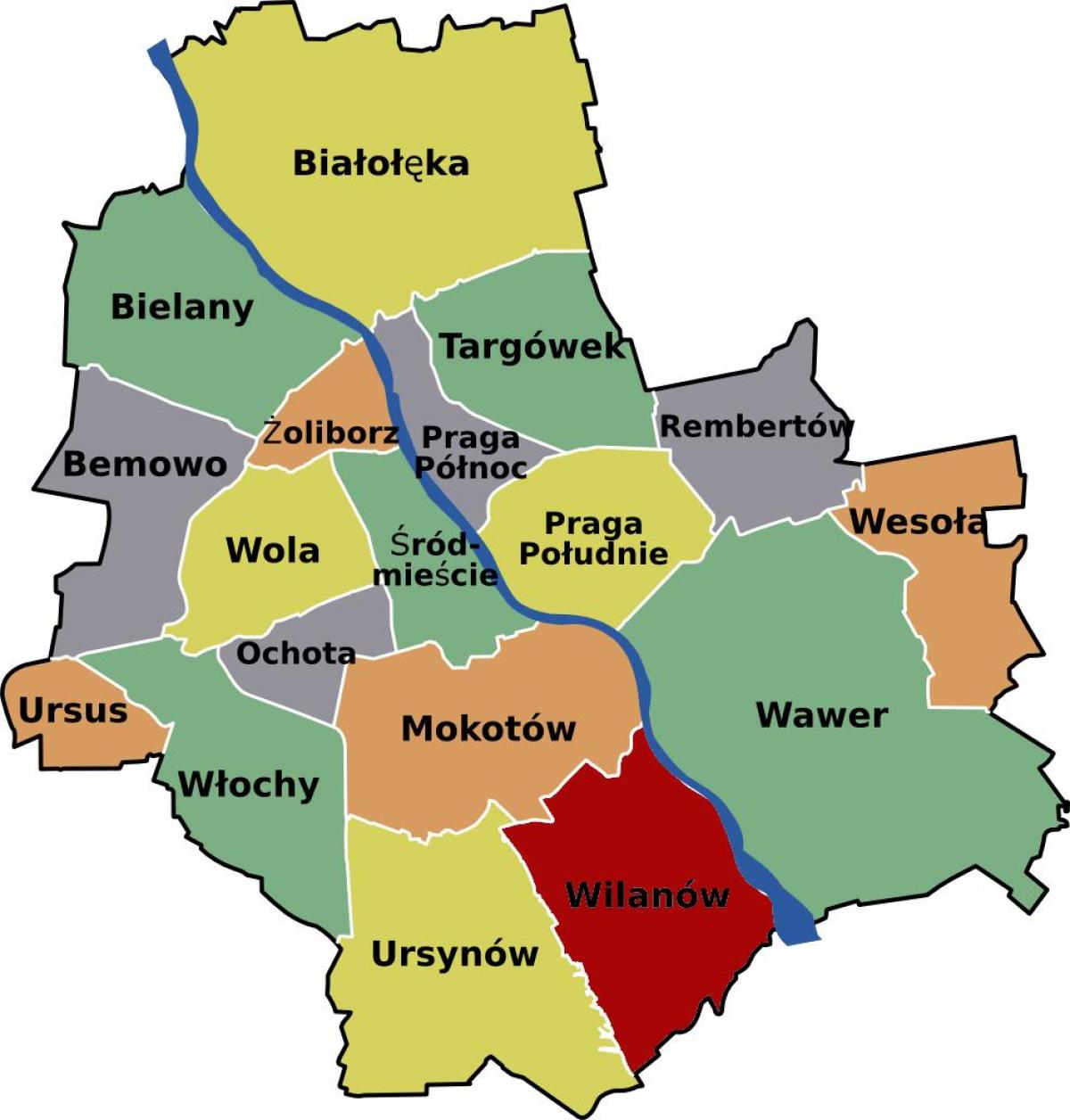 Mapa Varšava čtvrtí 