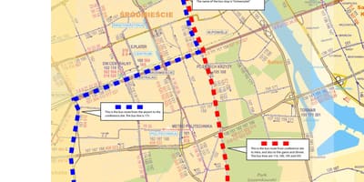 Mapa Varšavy autobusem 175 trasy 